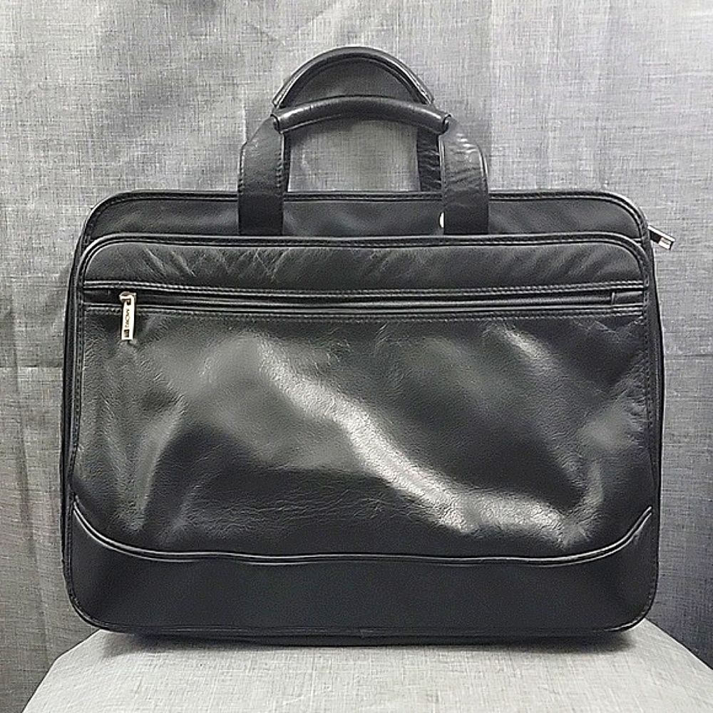 MORI Black Leather Briefcase / Computer Bag w/ Pockets, compartments, zippers